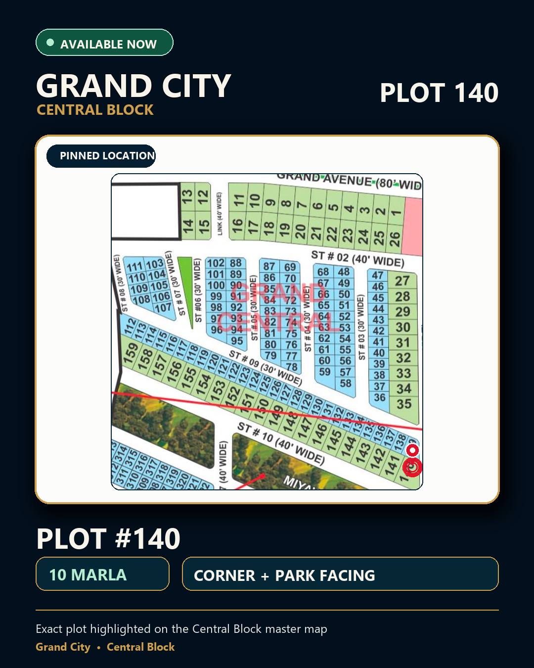 10 Marla Plot For Sale in Grand City Kharian Block Grand Central Block